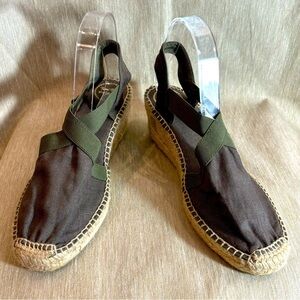 TONI PONS Sz 41 Canvas Elastic Top Espadrilles Wedges Sandals Olive & Grey NEW